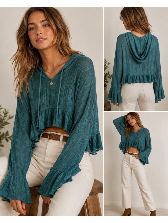 Urban Outfitters Tops - Urban Outfitters NWT L Teal Open Knit Cropped Hoodie Ruffle Bell Sleeve Boho
